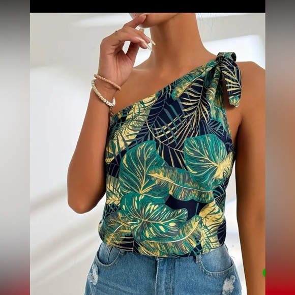 Caribbean | Tropical palm leaf blouse top bluch pink black One Shoulder | Sz XS - Picture 1 of 3
